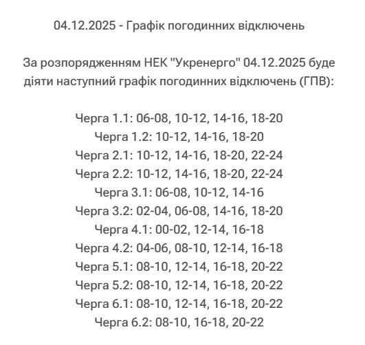 Графіки відключень на 4 грудня: де і коли не буде світла (список)